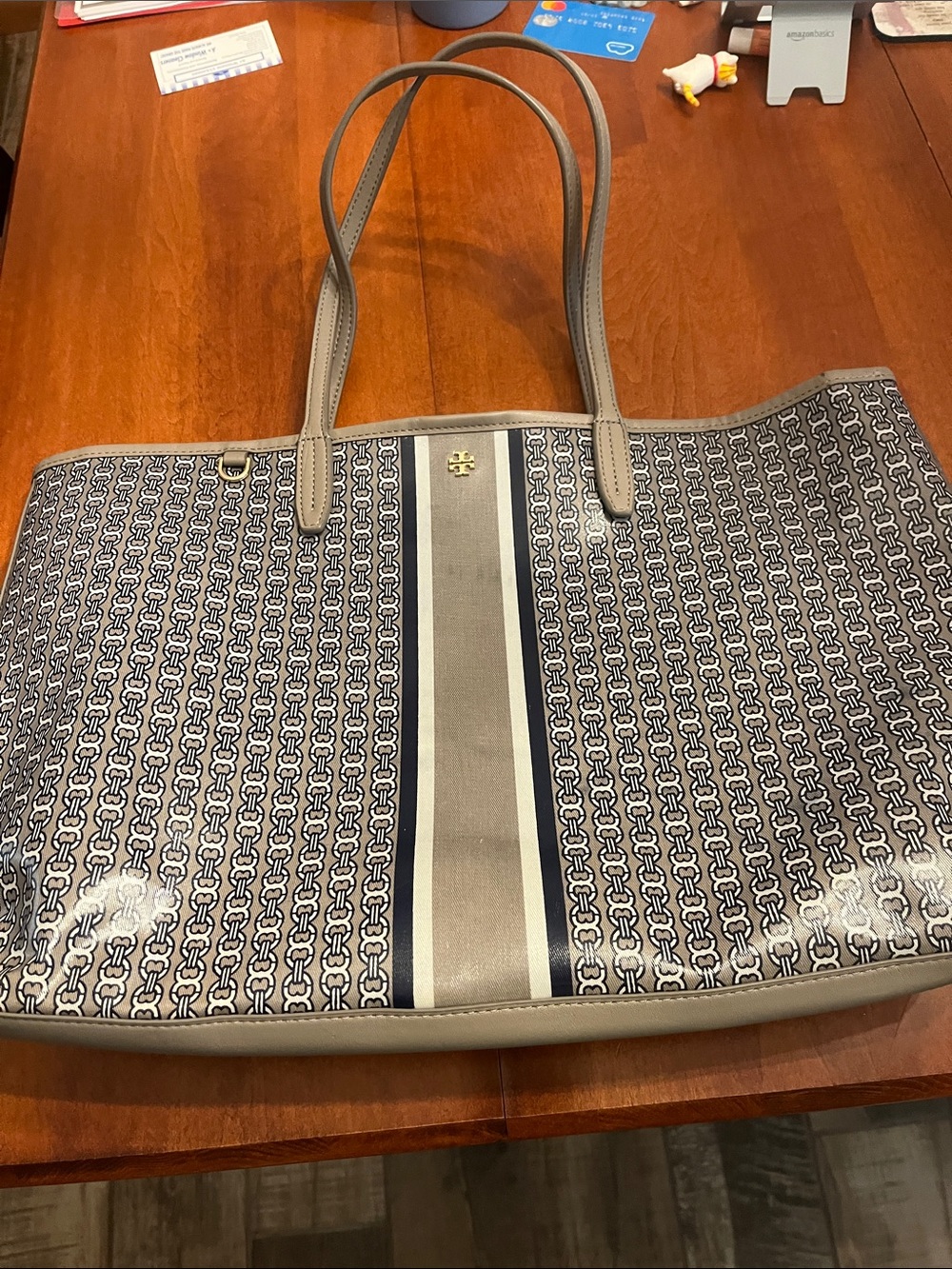 Tory Burch Navy and Cream Stripe Logo Tote with Tan Trim